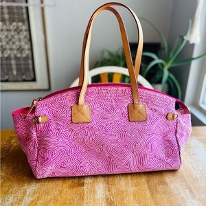 Dooney & Bourke Pink Canvas Doodle Domed Tote with Tan Leather Handles
